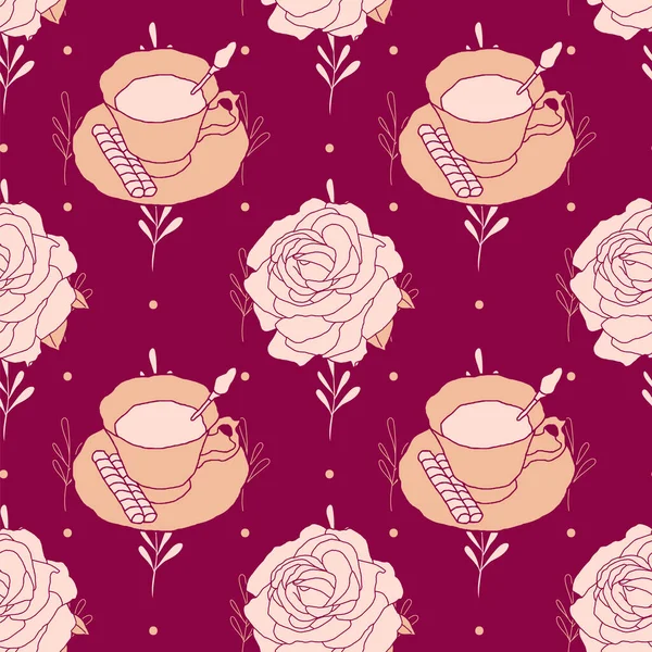 Pink Tea cups and roses on red background, vector seamless pattern