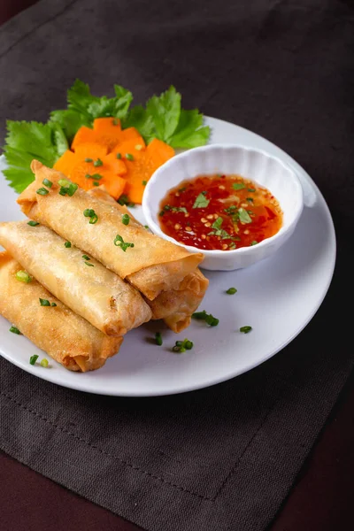 Fried Spring Rolls White Plate Spicy Sauce — Stock Photo, Image