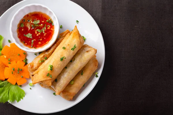 Fried Spring Rolls White Plate Spicy Sauce Royalty Free Stock Images