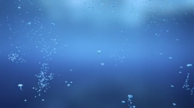 Küçük hava kabarcıkları mavi arka planda su altında yükselir. Döngülü video. Mat dahil.