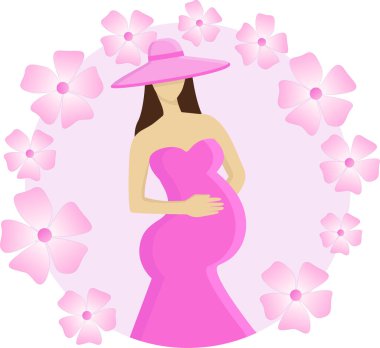   Hamile bir genç kadının modern vektör çizimi. Pembe çiçekli arka planda şapka ve elbise giymiş hamile kadın posteri.
