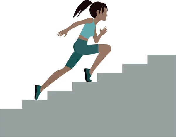 少女は階段を登る スポーツウェアを着た女の子が階段を駆け上がる スポーツをするランナーのベクトルイラスト — ストックベクタ