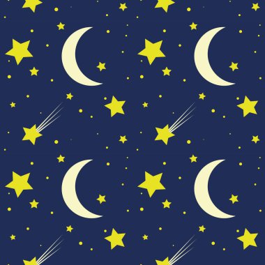 Gece gökyüzü pürüzsüz desen. Mavi arka planda yıldızlar ve ay. Duvar kağıdı, ambalaj kağıdı, tekstil, kumaş, giysi, arkaplan.