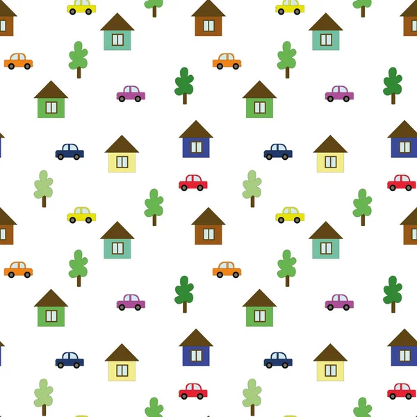 Seamless Pattern Cars Trees Houses Multicolored Seamless Patterns Creating Wrapping — Stock Vector