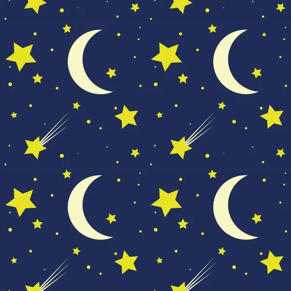 Patrón Sin Costuras Cielo Nocturno Estrellas Mes Sobre Fondo Azul — Vector de stock