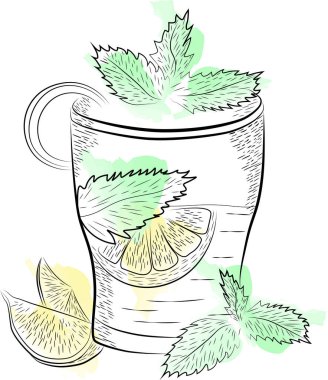 Naneli ve limonlu çizim bardağı. Bardaktaki bir kokteylin vektör çizimi.