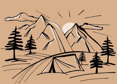 Köknar ağaçlı vektör dağları. Dağlarda çadırlarla eğlenmenin bir yansıması. Karla kaplı dağ sırası.