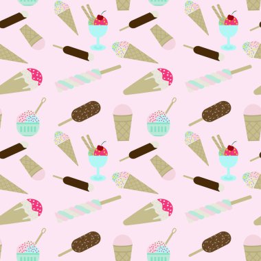 Dondurma izi yok. Farklı dondurma türleriyle tekrarlanan bir kalıp. Tasarım için arkaplan.