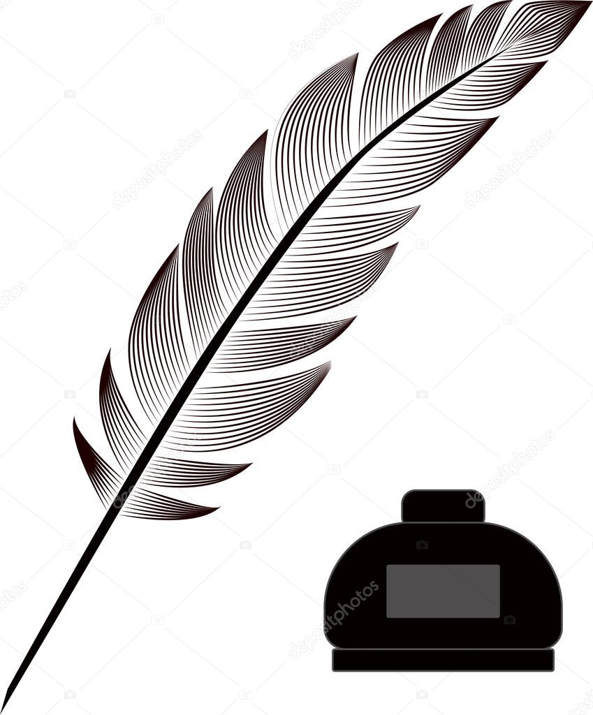 Feather and inkwell. Vector in black color writing pen and inkwell.