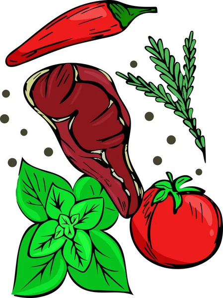 Bife Grelhado Com Tomate Pimenta Carne Vetor Verduras Fundo Branco —  Vetores de Stock