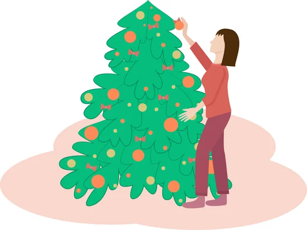 Kız Noel Ağacını Süslüyor Vector Noel Arifesi Kızı Çam Ağacında — Stok Vektör