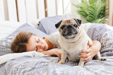 Köpeğini bir yatakta olan kadın. Yatakta kahvaltı