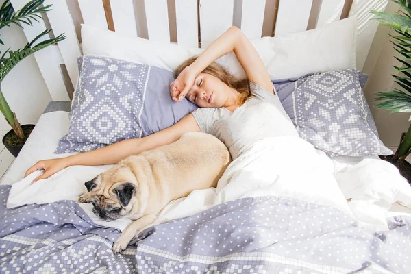 Ung Kvinna Med Hennes Hund Säng Frukost Sängen Franska Toasts — Stockfoto