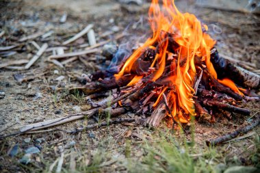 Gölde güzel kamp ateşi akşam. Kamp alanında Dusk içinde yanan ateş