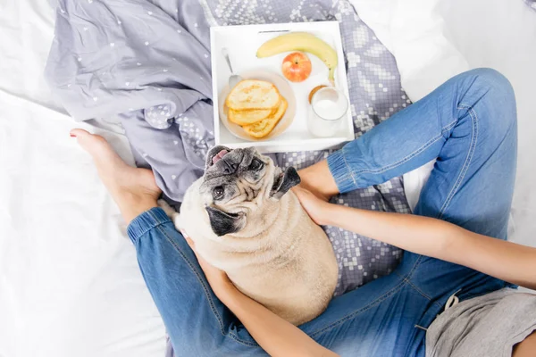 Young woman with her dog in a bed. Breakfast in bed - french toasts with a cup of coffee.