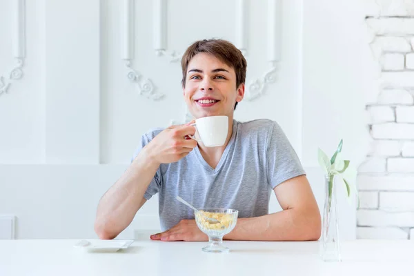 Young Man Drinking Coffee Having Breakfast Morning — Stock Photo, Image