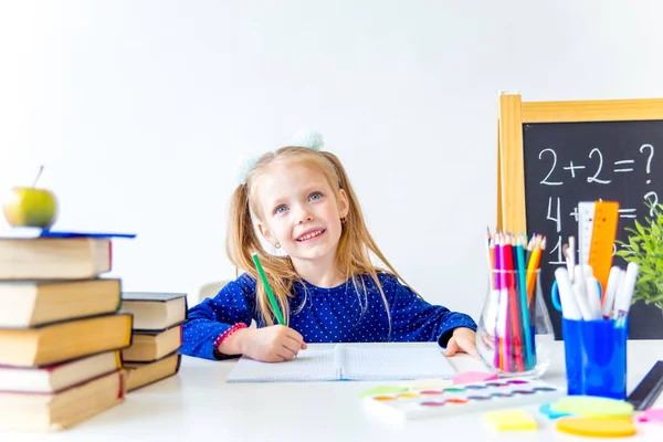 Heureux mignon enfant industrieux est assis à un bureau à l'intérieur — Photo