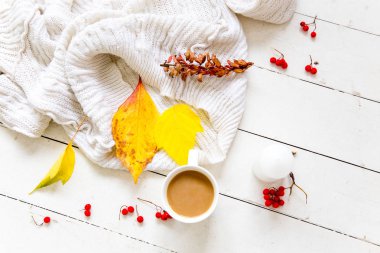 Beyaz zemin üzerine düşen yapraklar sonbaharda kompozisyon yapılmış