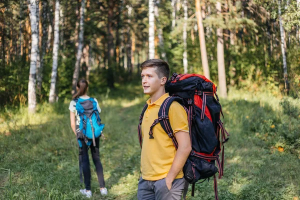 Birkaç turist bir ormanda hiking sırt çantaları — Stok fotoğraf