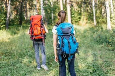 birkaç turist bir ormanda hiking sırt çantaları
