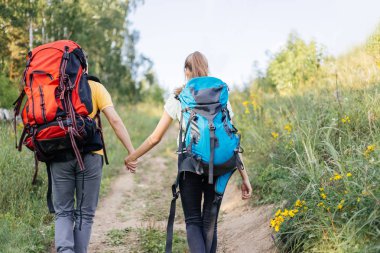birkaç turist bir ormanda hiking sırt çantaları