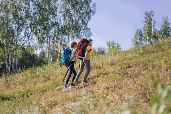 Пара туристів з рюкзаками, що ходять у лісі — стокове фото