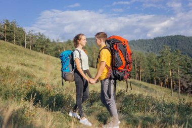 birkaç turist bir dağa hiking sırt çantaları