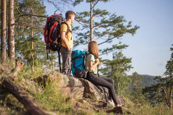 Birkaç turist bir dağa hiking sırt çantaları — Stok fotoğraf