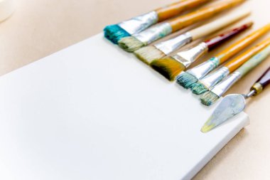 bir tablo üzerinde boya ile çeşitli boya fırçaları