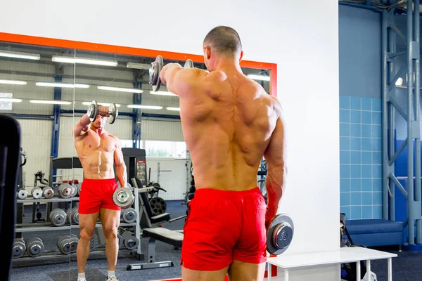 Erkek vücut geliştirmeci bir spor salonunda egzersizleri yapıyor — Stok fotoğraf