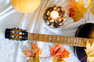 Kuru yapraklar ve olgun kabaklar sonbahar kompozisyonu