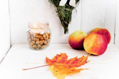 Kuru yapraklar ve olgun kabaklar sonbahar kompozisyonu