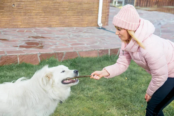 Güzel bir kadın onu köpek yürüyor