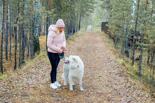 Een mooie vrouw is lopen haar hond — Stockfoto