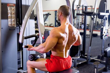 erkek vücut geliştirmeci bir spor salonunda egzersizleri yapıyor