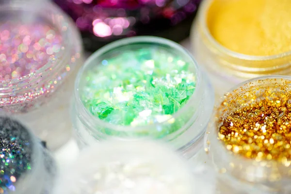 Collection of nail glitters of different colors