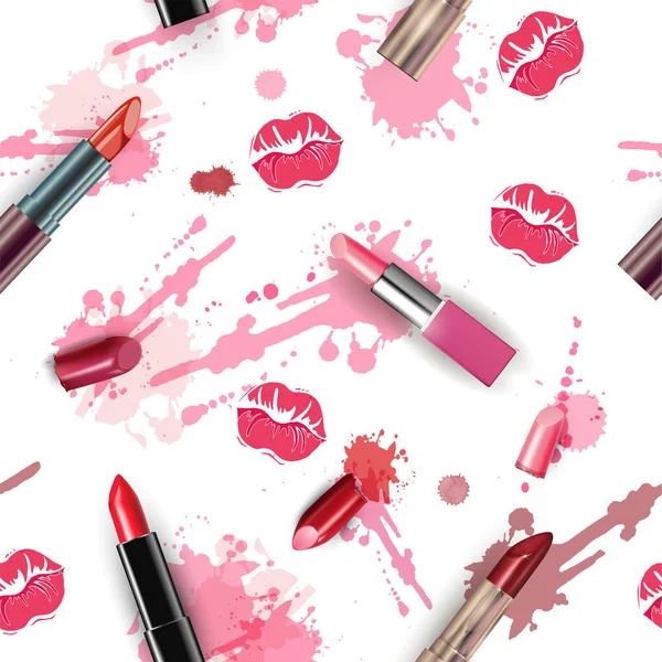 Moda Cosméticos Sin Costuras Fondo Con Maquillaje Objetos Artista Lápiz — Vector de stock