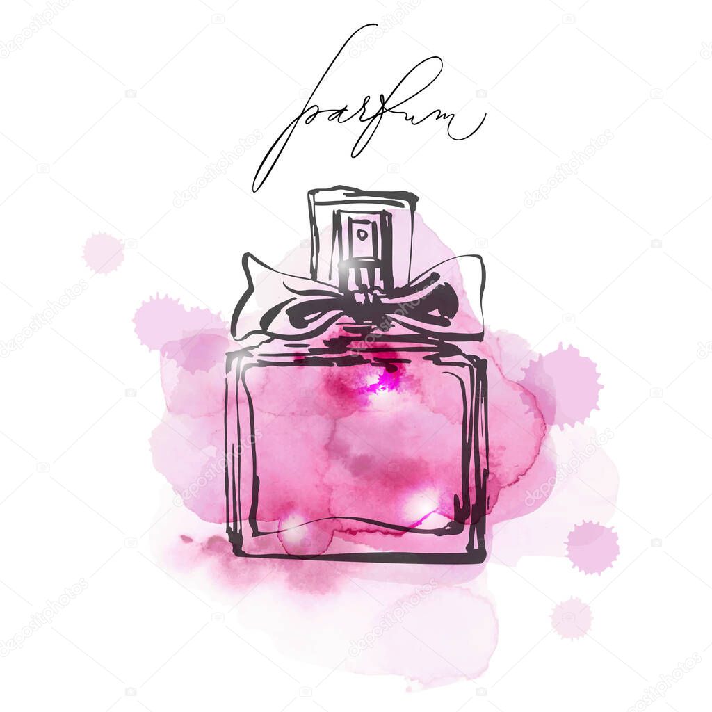 A beautiful bottles of perfume on a lilac watercolor background . Women's perfume. Vector watercolor. Elements for design.Template Vector.