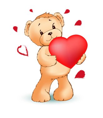 Pençelerinde kırmızı bir kalp olan oyuncak bir ayı. Sevgililer Günü konseptin kutlu olsun. Doğum günü kartları için vektör şablonu.