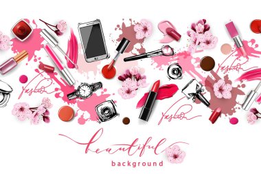 Vektör el, kiraz çiçekleriyle kozmetik çizimi çizdi. Ayrı elementler. Kozmetik, ruj, tırnak cilası, ruj lekeleri. Yukarıdan görünüşü.