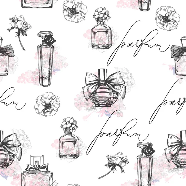 Patrón Sin Costuras Con Hermosas Botellas Perfume Perfume Mujer Vector — Archivo Imágenes Vectoriales