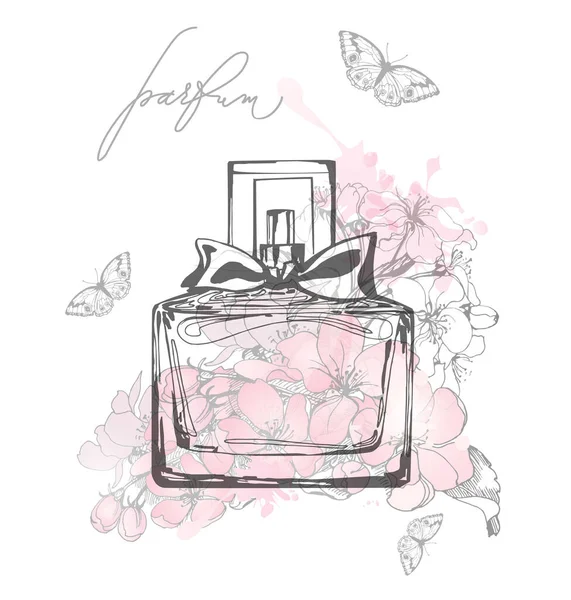 Hermosas Botellas Perfume Sobre Fondo Delicadas Flores Manzana Perfume Mujer — Archivo Imágenes Vectoriales