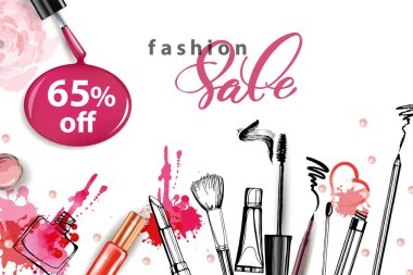 Kozmetik ve moda arka plan ile yapmak sanatçı nesneleri: ruj, dudak parlatıcısı, smear ruj beyaz arka plan üzerinde. Metniniz için yer ile. Şablon vektör.