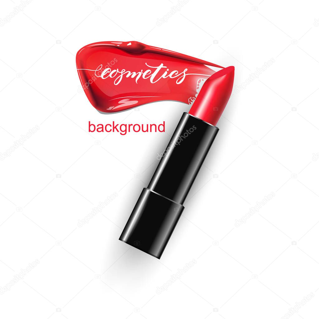 Red lipstick with a smear of lipstick. Fashion and cosmetics store. The concept of makeup. 3D realistic detailed mockup.Vector template for cosmetic product advertising, title, flyer, postcard.
