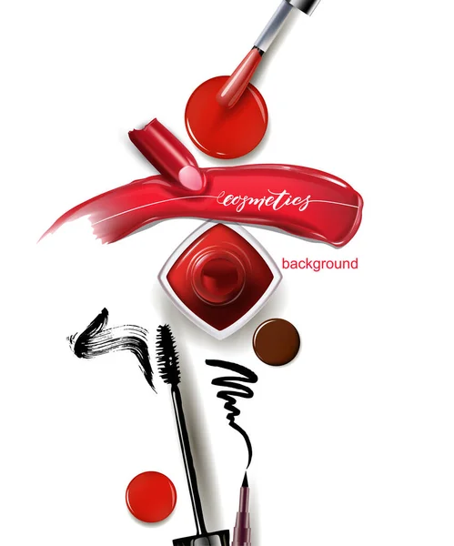 Rossetto Rosso Uno Striscio Rossetto Smalto Rosso Mascara Eyeliner Bellezza — Vettoriale Stock