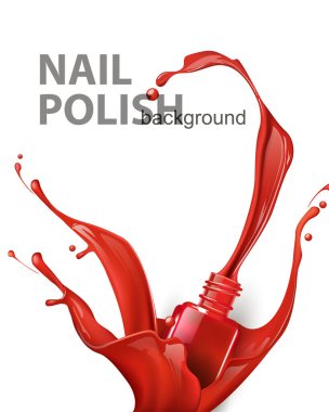 Beyaz arka planda lekeler olan kırmızı oje damlası. Ürününüzün reklamını yapmak için bir şablon. Üç boyutlu gerçekçi detaylı model. Güzellik ve kozmetik geçmişi.