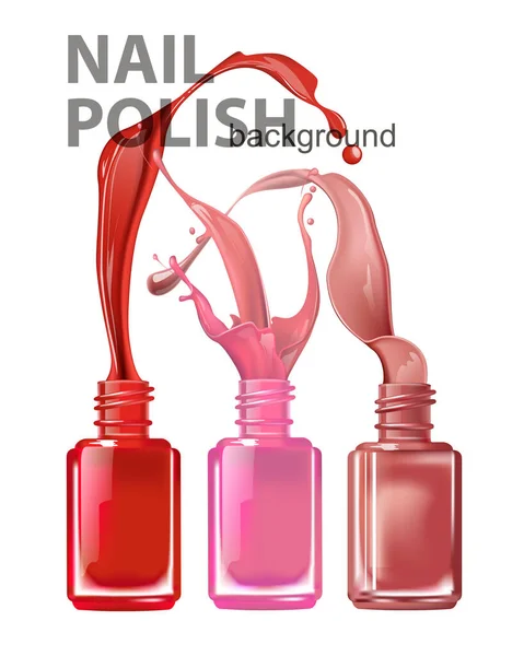 カラフルな爪白い背景に爪ポーランド語の美しいスプラッシュを持つポーランドのボトル あなたの製品を宣伝するためのテンプレートベクトル 3Dリアルな詳細なモックアップ 美と化粧品の背景 — ストックベクタ