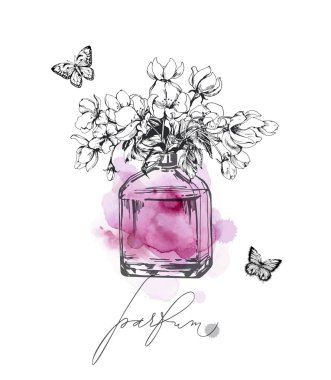 A beautiful bottles of perfume against the background of delicate Apple blossoms. Women's perfume. Vector watercolor. Elements for design.Template Vector clipart