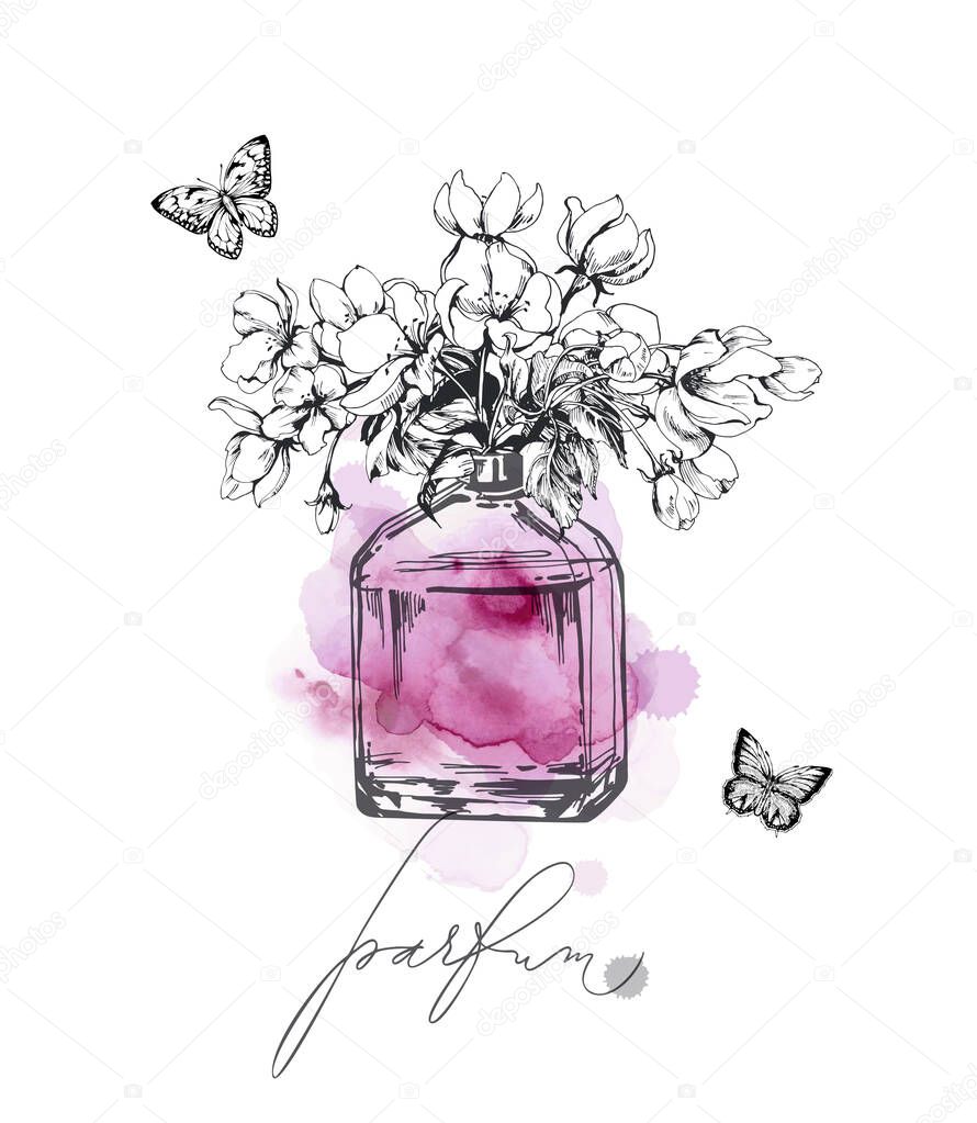A beautiful bottles of perfume against the background of delicate Apple blossoms. Women's perfume. Vector watercolor. Elements for design.Template Vector