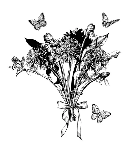 タンポポや蝶が咲く花束 手描きスケッチベクターイラスト 誕生日カード招待状幸せな母の日広告 — ストックベクタ